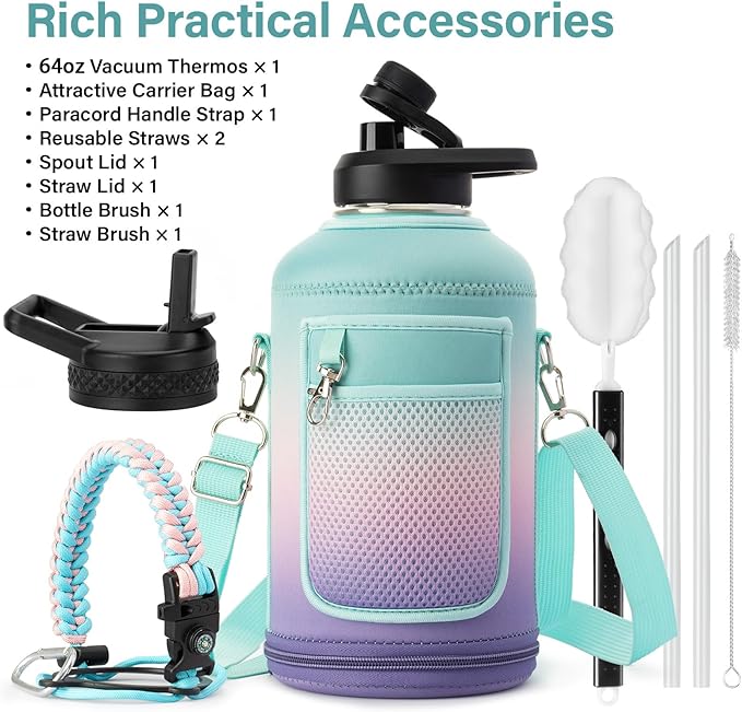 Insulated Water Bottle | Thickened Stainless Steel Vacuum Metal | Portable Sports Half Gallon Large Water Jug for Gym and Hiking with Straw, Carrier Bag, Handle Strap | BPA-Free 64 oz