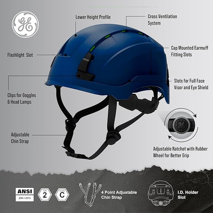 GE Safety Helmet: ANSI Type 2 Class G & E, Advanced Impact Technology, Ultra Comfortable Memory Foam, Heat Stress Reduction, Compatible with Accessories, Adjustable Size OSHA Approved