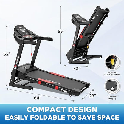 4.0HP Treadmills for Home, Folding Treadmill with 15% (8.5°) Auto Incline, 300 LBS Capacity, 10 MPH Speed, 18''x50'' Wide Belt, Bluetooth, App, 64 Preset Programs, Pulse Monitor, BMI Detector