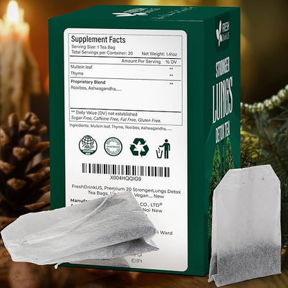 FreshDrinkUS StrongerLungs 20 Tea Bags - Mullein Leaf, Ginseng, Elderberry, Ginger & Thyme - Supports Lung Cleanse, Congestion Relief & Mucus Detox - Caffeine-Free & All-Natural