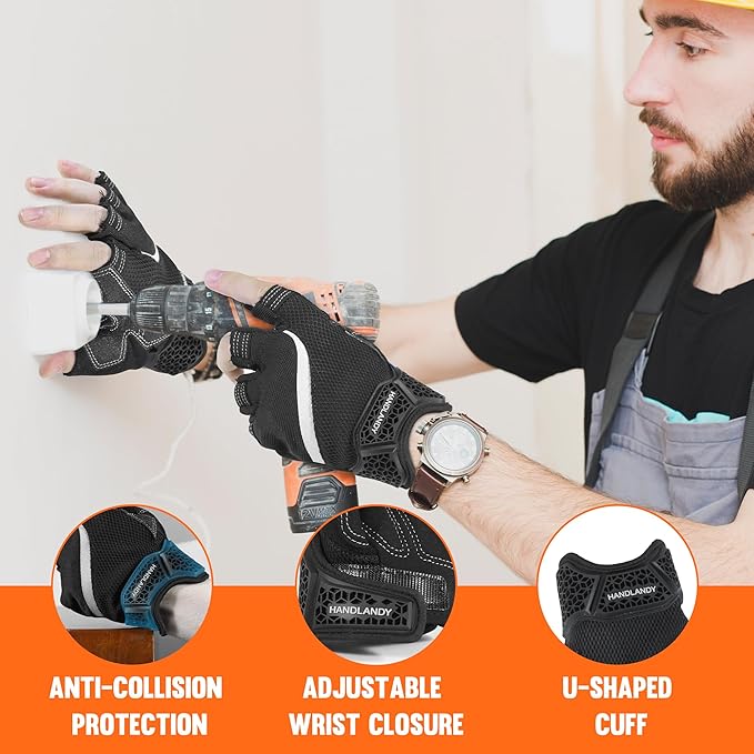 HANDLANDY Fingerless Work Gloves for Men, Half Finger Working Glove Grip Shock-Absorbing Breathable Uwrist TPR Anti-collision Gloves for Mens & Women (Black, XL)