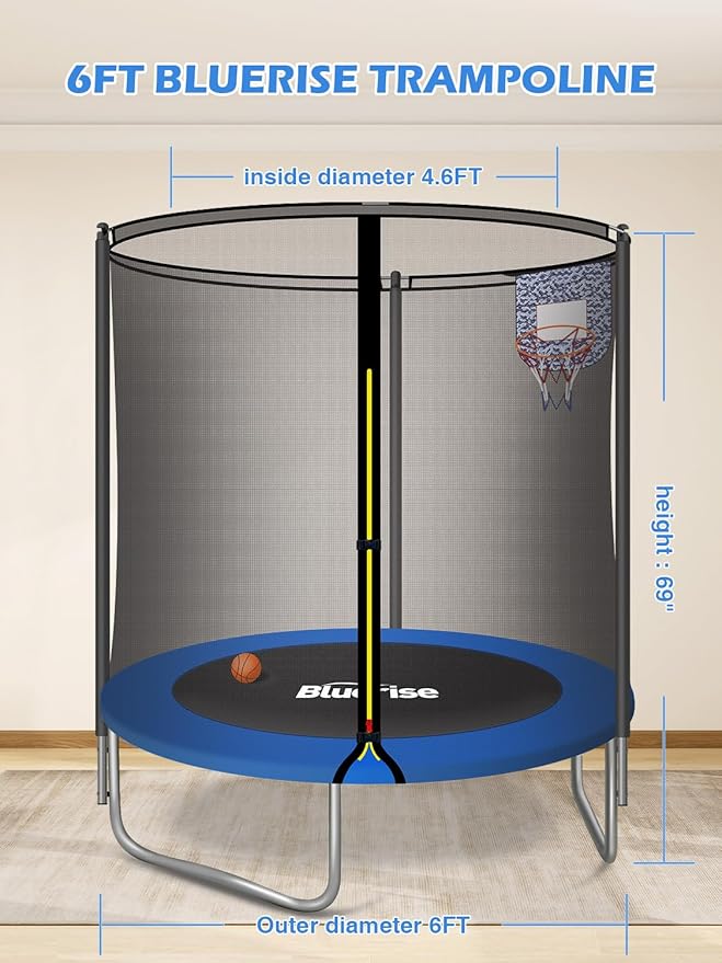 BLUERISE Trampoline 55IN 6FT Toddler Trampoline for Kids Indoor Outdoor Play for Kids Trampoline Basketball Hoop Attachment with Enclosure Net Easy to Assemble Outdoor Indoor Trampoline