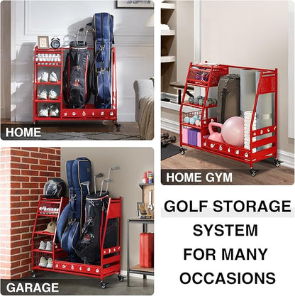 Lauren&Harold Golf Bag Organizer Garage Storage, Golf Storage Rack Stand Fits 2 Golf Bags, Golf Clubs and Other Golfing Equipment Accessories, Golf Organizer for Garage, Club, Shed, Basement