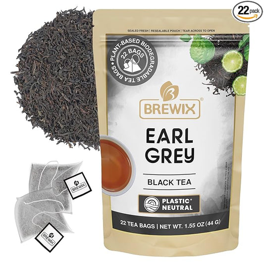 BREWIX, Earl Grey Tea Bags (22 Pyramid Tea Bags) Long Leaf Indian Black Tea with Bergamot, Packed in Resealable Ziplock Pouch | Black Tea with Bergamot