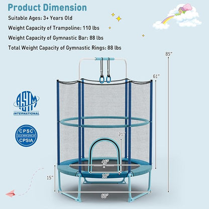 GYMAX 5FT Trampoline for Kids, ASTM Approved with Safety Net & Kitten Trapeze Rings, Indoor/Outdoor