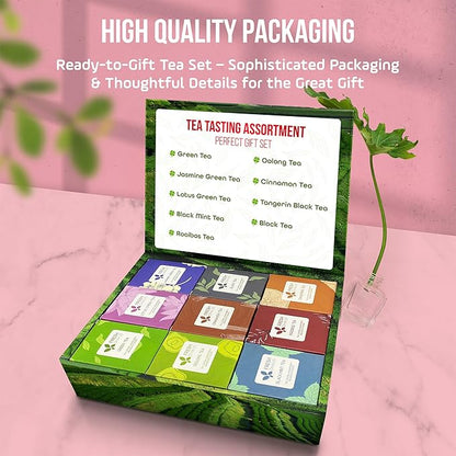 FreshDrinkUS, Premium 90 Tea Bags Sampler Assortment, 9 Different Flavors, 100% Natural Ingredients, Perfect and Well Combination Tea Gift for Tea Lovers, Friends and Family. No Additives, No Gluten, No Sugar, Vegan