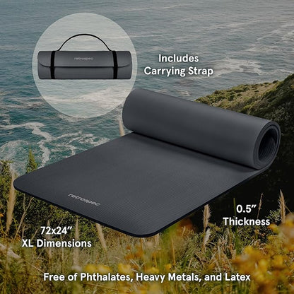 Retrospec Solana Yoga Mat 1/2" Thick w/Nylon Strap for Men & Women - Non Slip Exercise Mat for Yoga, Pilates, Stretching, Floor & Fitness Workouts