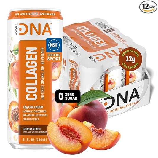 HYDRADNA- Sparkling Liquid Collagen Protein Water Drink Balanced Nutrients for Wellness - Sugar-Free - Keto-Friendly - No Gluten (12 Pack) Georgia Peach