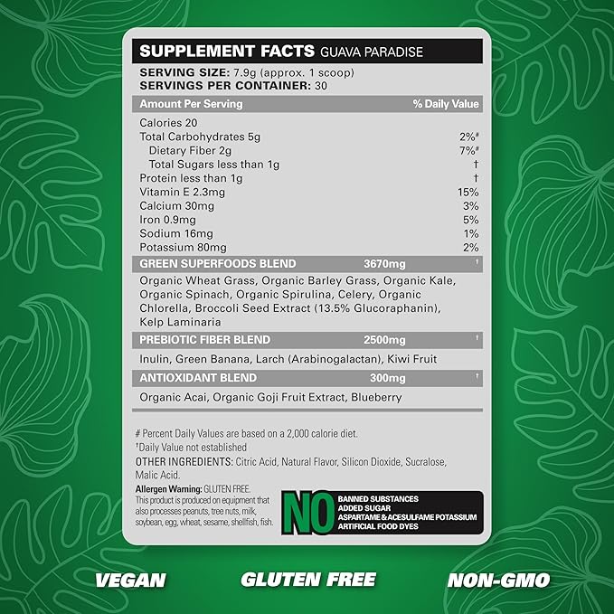 EHP Labs OxyGreens Super Greens Powder - Spirulina & Chlorella Superfood, Green Juice Powder & Greens Supplements with Prebiotic Fibre, Antioxidants & Immunity Support, 30 Serves (Guava Paradise)