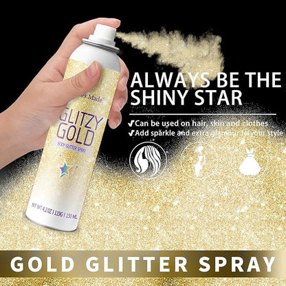 Hair Glitter Body Glitter Spray, 150ML Glitter Hairapray Gold Glitter Spray for Hair and Boday, Hair Glitter for Kids Women, Body Shimmer Festival Rave and Makeup 4.2 Fl Oz
