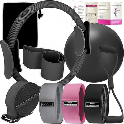 Pilates Set – Home Pilates Equipment for Women Kit with Magic Circle Pilates Ring and Ball Set, Resistance Bands & Massage Balls & Exercise Bands for Toning，Flexibility & Core Strength