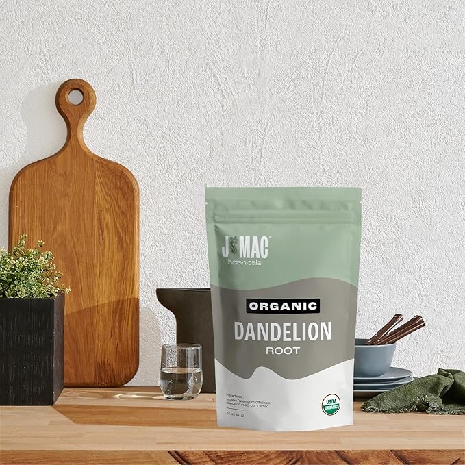 J Mac Botanicals Organic Dandelion Root (16 oz) unroasted, herb for tea and other infusions, Packaged in the USA, Certified USDA Organic