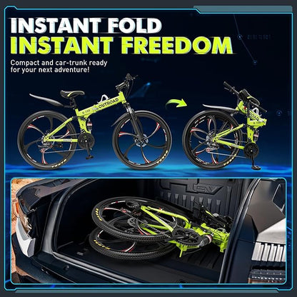 26 Inch Folding Mountain Bike, 21 Speed Full Suspension Bicycle with High-Carbon Steel, Dual Disc Brake Non-Slip Quick Release tire Folding Bicycle for Adults/Men/Women