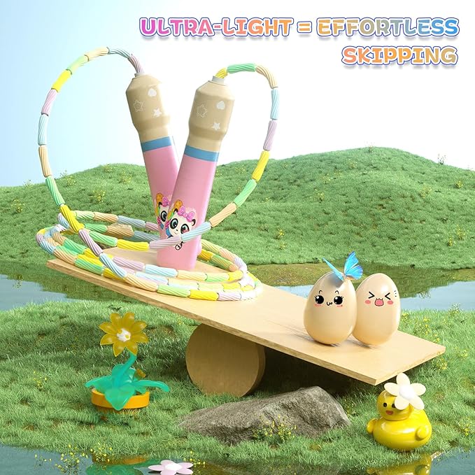 JGM Beaded Jump Rope for Kids – Adjustable Toddler Skipping Rope with Cartoon WOODEN Handle for Outdoor Activity Party Favors School Games 7.7 Feet