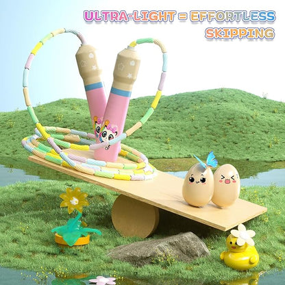 JGM Beaded Jump Rope for Kids – Adjustable Toddler Skipping Rope with Cartoon WOODEN Handle for Outdoor Activity Party Favors School Games 7.7 Feet