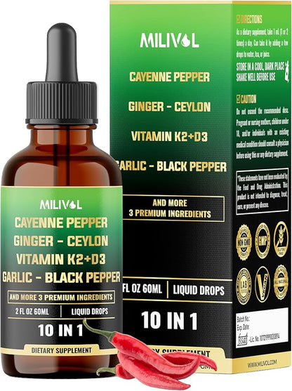 10in1 Cayenne Pepper Liquid Drops + Ginger, Ceylon Cinnamon, Vitamin D3, Vitamin K2, Garlic, Black Pepper and More - Digestion Support - 2 Fl Oz - 2 Months Supply