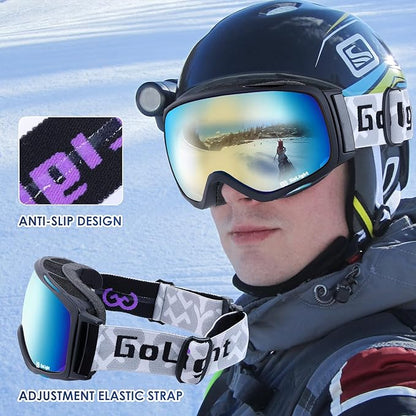 GoLight OTG Anti-Fog Ski Goggles for Men Women ??Spherical REVO Lens, UV400, Breathable TPU Frame, Adjustable Non-Slip Strap