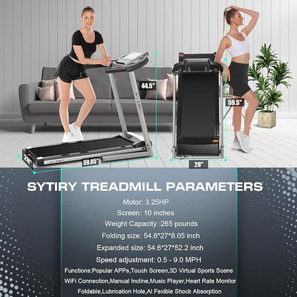 SYTIRY Treadmill with Touch Screen,3.25HP Treadmills for Home with TV and WiFi,Smart Foldable Treadmill with Music,3D Virtual Sports Scene,Popular APP for Social Networking,Walking/Running Machine