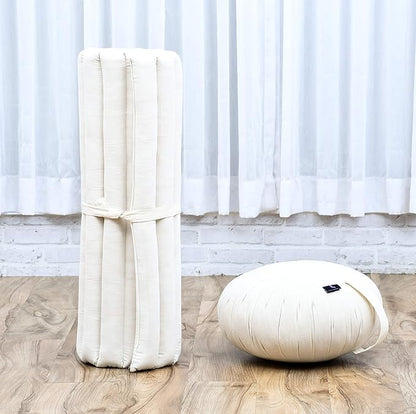 Leewadee Meditation Cushion Set – 1 Round Zafu Meditation Pillow and 1 Square Roll-Up Zabuton Meditation Mat, Pillows Bundle Filled with Kapok