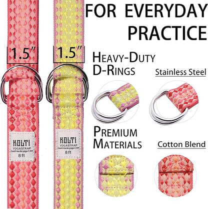 Yoga Exercise Adjustable Straps 8FT with Durable D-Ring for Pilates & Gym Workouts | Hold Poses, Stretch, Improve Flexibility & Maintain Balance