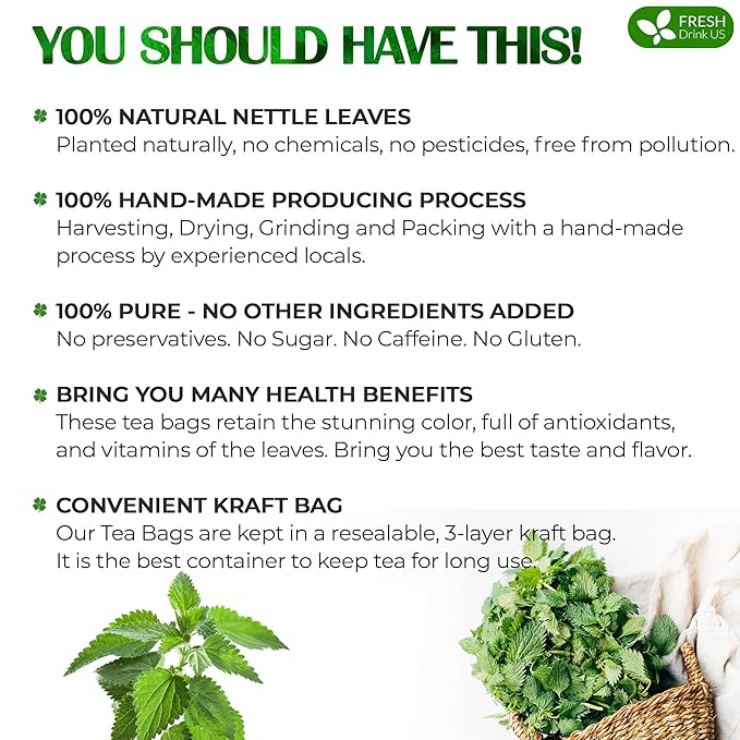 FreshDrinkUS, 55 Nettle Leaf Tea Bags, 100% Natural & Pure from Nettle Leaves. Loose Leaf Nettle Herbal Tea. Nettle Leaf Tea. No Sugar, No Caffeine, No Gluten, Vegan.