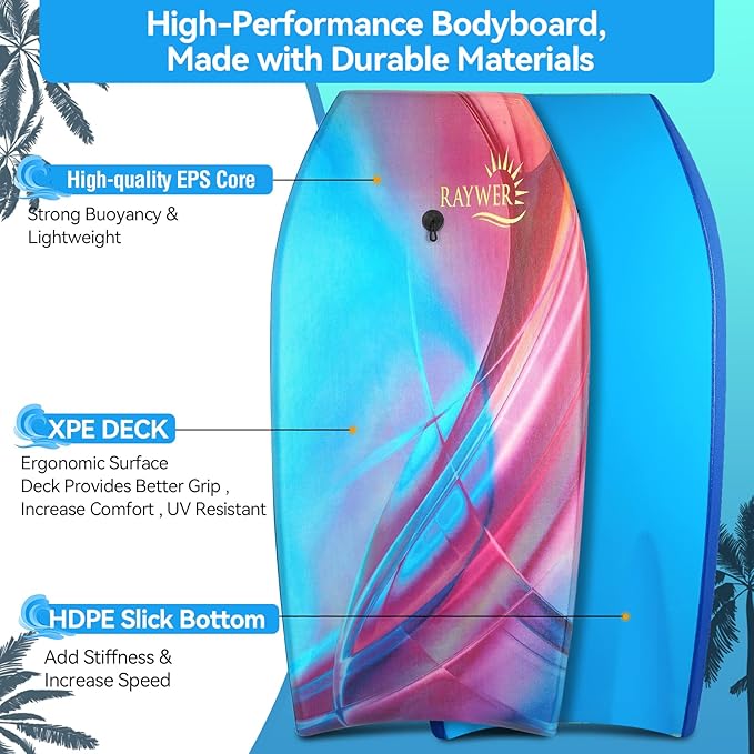 Body Board Lightweight with EPS Core, HDPE Slick Bottom, Leash & Adjustable Wrist Rope, Great Surfing for Kids and Adults