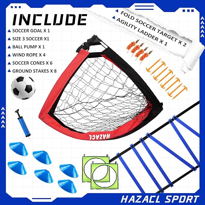 Kids Soccer Goal for Backyard, 6x4 9x5 FT Portable Soccer Nets Pop Up with Ball, Agility Ladder, Cones, Target & Carry Bag for Toddler Youth Outdoor Indoor Training Practice Sports Games Play