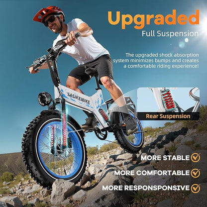 Folding Electric Bike for Adults, 20'' 1500W Peak Fat Tire Ebike, Up to 70 Miles 30+MPH Electric Mountain Bike with 52V 20AH Removable Battery, Dual Suspension, 7-Speed,UL Certified