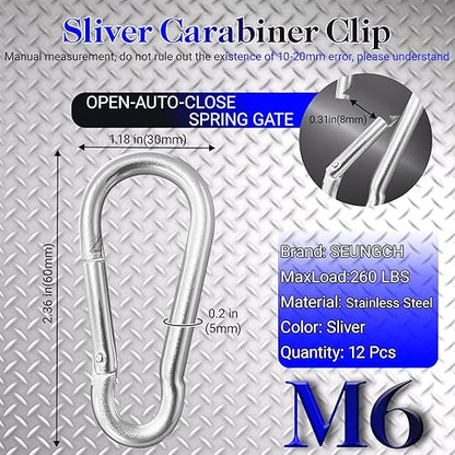 12 Pack Sliver Carabiner Clips, 2.36 Inch Heavy Duty Spring Snap Hooks - Small Locking Carabiners for Camping, Hiking, Hammocks, Swing Sets, Keychains, Fishing & Outdoor Gear