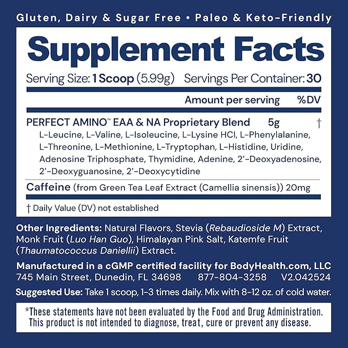 BodyHealth PerfectAmino Powder - BCAA and EAA Powder for Pre and Post Workout - Amino Acid Energy Drink for Men and Women to Support Lean Muscle and Recovery - Mocha - 30 Servings