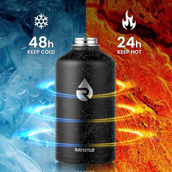 128oz Insulated Water Bottle, Triple Wall Vacuum Stainless Steel Water Bottles - Keeps Cold 48H, Reusable One Gallon Flask Jug for Gym, Sports, Camping, Hiking,Travel, Black Speckled