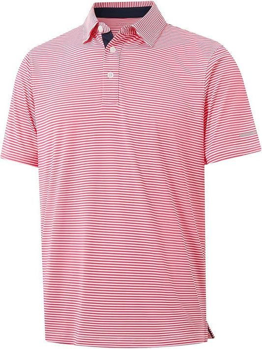 Golf Shirts for Men - Moisture Wicking Short Sleeve Performance Sport Casual Striped Collared Mens Polo Shirt
