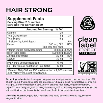 HUM Hair Strong - Daily Gummies with Biotin to Improve Hair Growth - Fo Ti, Folic Acid, Zinc, Vitamin B12 & PABA to Support Healthy Hair, Skin and Nails for Women and Men (60-Count)