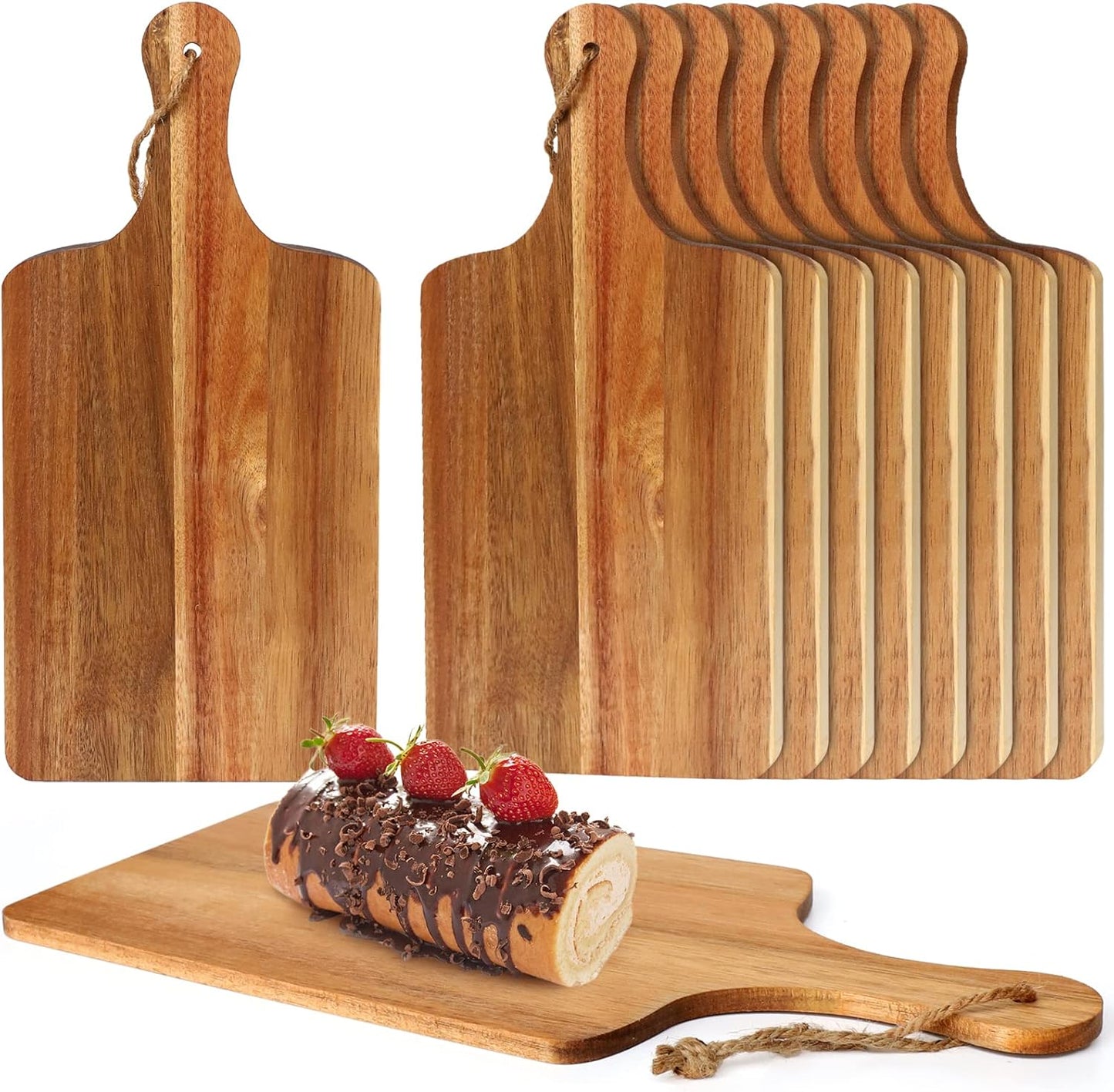 10 Packs Acacia Wood Cutting Board, 15 x 7 Inch Plain Chopping Board with Handles Large Serving Board Wooden Kitchen Cutting Board Bulk with Ropes for Vegetables Meat Pizza Cheese Fruit Bread
