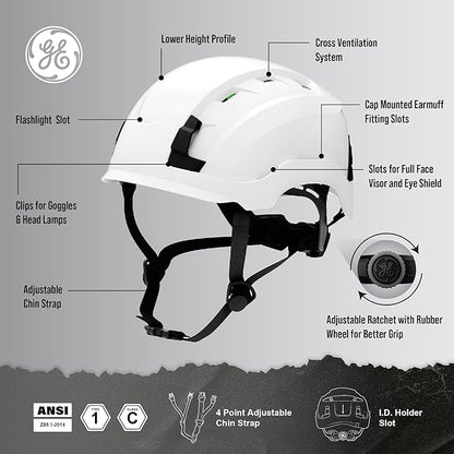 GE Safety Helmet, Impact Absorbing Tech, Adjustable Ratchet, ANSI Type 1, Memory Foam Padding, Hard Hats Protection, Lightweight, Durable, Chin Strap, Comfortable Fit OSHA Approved