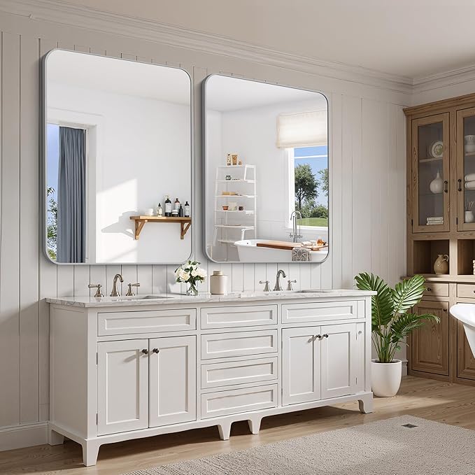 FORBATH 40x48 Inch Silver Bathroom Mirror for Over Sink, Large Rectangular Wall Mirror with Metal Frame, Rounded Corners for Bathroom, Bedroom, Entryway Decor (Horizontal or Vertical)