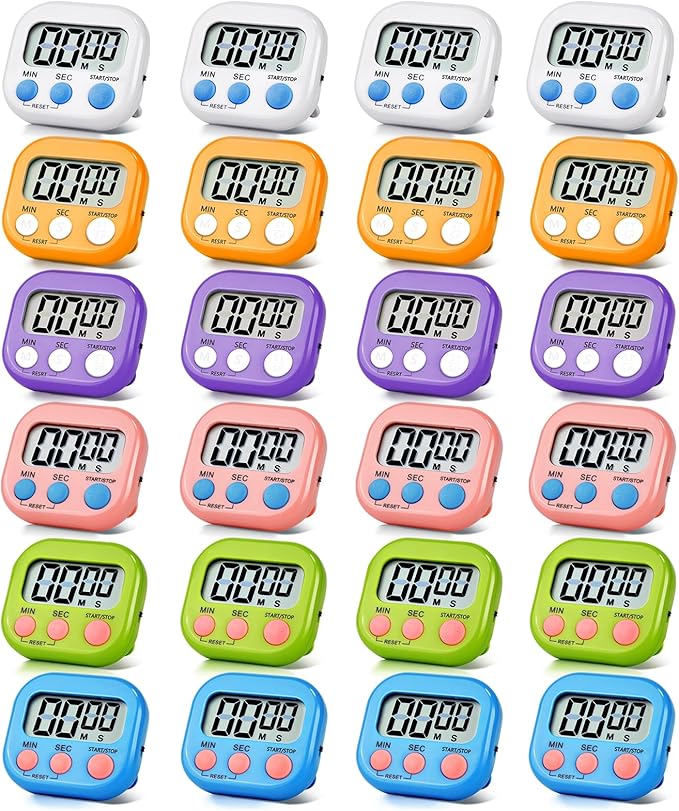 24 Pack Digital Kitchen Timer Magnetic Digital Timer with Big Display Loud Ring Cooking Timers for Kitchen Electronic Timer for Cooking, Bathing, Gym, Break Time, Classroom(6 Color)