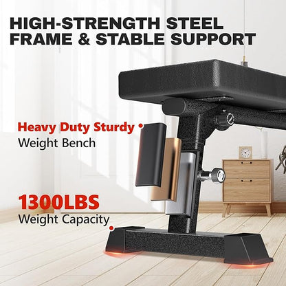 Flat Weight Bench - Heavy Duty Foldable Workout Bench for Home Gym, 1300lb Capacity Adjustable Strength Training Bench Press for Ab and Full Body Exercises, Sturdy and Easy to Fold
