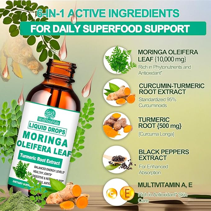 2 Pack Organic Moringa Liquid Drops, Pure Moringa Oleifera Leaf Extract w. Turmeric, Black Pepper, Moringa for Activates AMPK & GLP-1, Antioxidant Skin Gut, Potency Than Moringa Capsules Powder