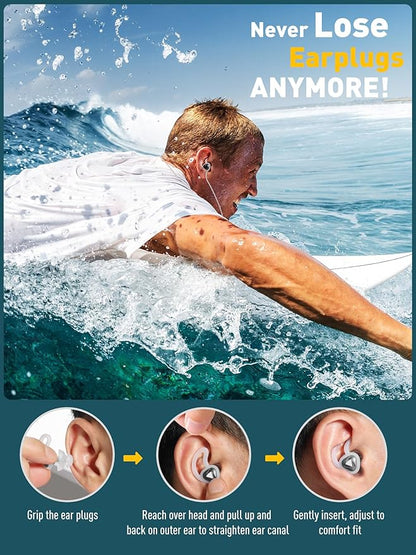 Ear Plugs for Swimming and Surfing with Lanyard, Block Out Water Let Sound in, Reusable Comfy Custom-fit Swimmer Earplugs for Snorkeling, Shower, Pool, Swim, Bath, Kayaking, incl Carry Case