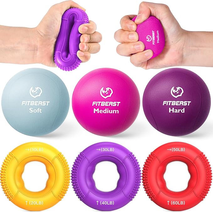 FitBeast Grip Strength Trainer, Finger Exerciser, Stress Balls for Adults 6-Piece Set, Hand Therapy for Strength, Recovery & Stress Relief, Forearm Strengthener for Men, Women & Seniors
