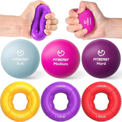FitBeast Grip Strength Trainer, Finger Exerciser, Stress Balls for Adults 6-Piece Set, Hand Therapy for Strength, Recovery & Stress Relief, Forearm Strengthener for Men, Women & Seniors