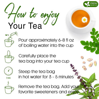 FreshDrinkUS, Premium 135 Tea Bags Tulsi Moringa Lemongrass, 100% Natural & Pure from Tulsi Holy Basil Leaves, Moringa & Lemongrass. Made with Natural Material Tea Bags. No Sugar, No Caffeine, Vegan.