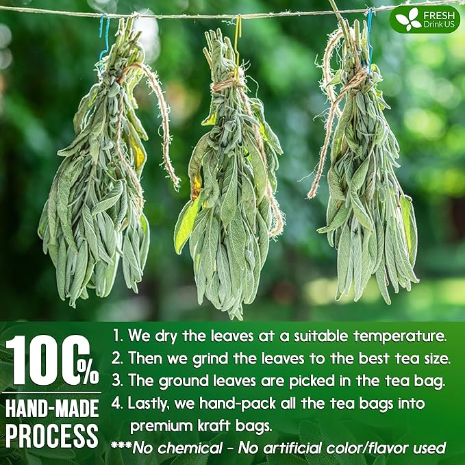 FreshDrinkUS Premium 135 Sage Leaf Tea Bags, 100% Natural & Pure. Loose Leaf Sage Herbal Tea. Made with Natural Material Tea Bags. No Sugar, No Caffeine, No Gluten, Vegan