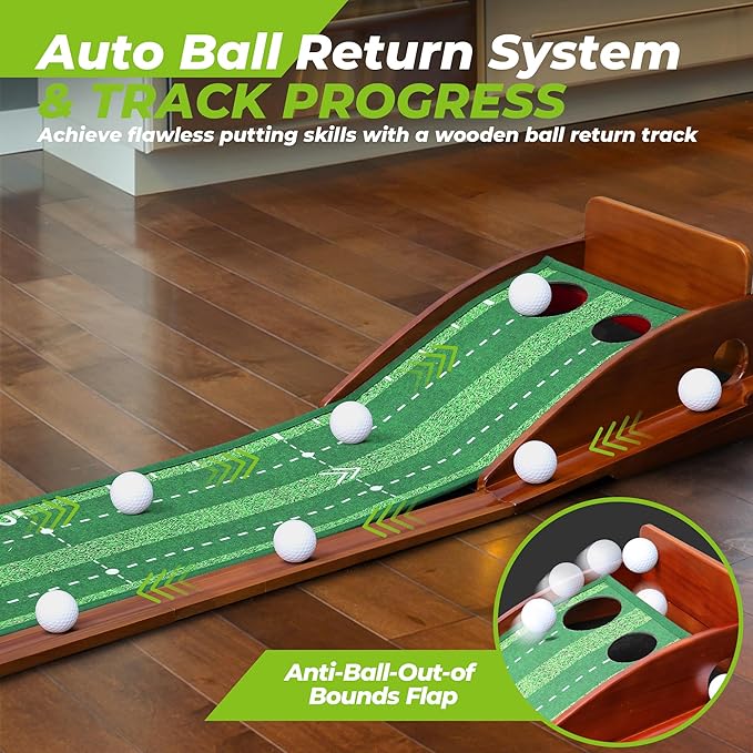 Golfguru Putting Green, 9.8ft Golf Putting Mat with Automatic Ball Return Track & Putting Mirror, Indoor Putting Greens for Home with Thickened Wrinkle-Free Crystal Velvet, Golf Accessories for Men