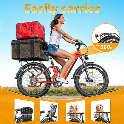 FREESKY Electric Bike for Adults,105mile Long Range Ebike, 2000W Motor 37MPH Fast Step-Thru E Bike 25Ah Samsung Cells Battery Full Suspension Electric Dirt Bicycle 26'' Fat Tire for Commuter Mountains