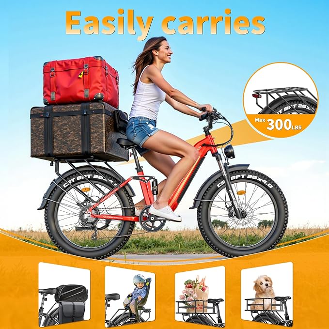 FREESKY Electric Bike for Adults,105mile Long Range Ebike, 2000W Motor 37MPH Fast Step-Thru E Bike 25Ah Samsung Cells Battery Full Suspension Electric Dirt Bicycle 26'' Fat Tire for Commuter Mountains