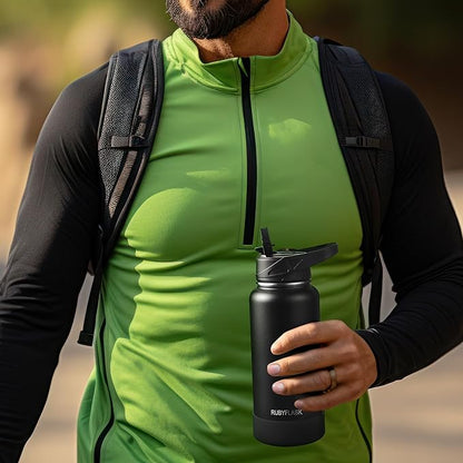 32oz Insulated Water Bottle with Straw, Stainless Steel Metal Vacuum Water Flask, Large Thermal Water bottle with Leakproof 3 Lids for Travel, Camping, Gym Sports Orange