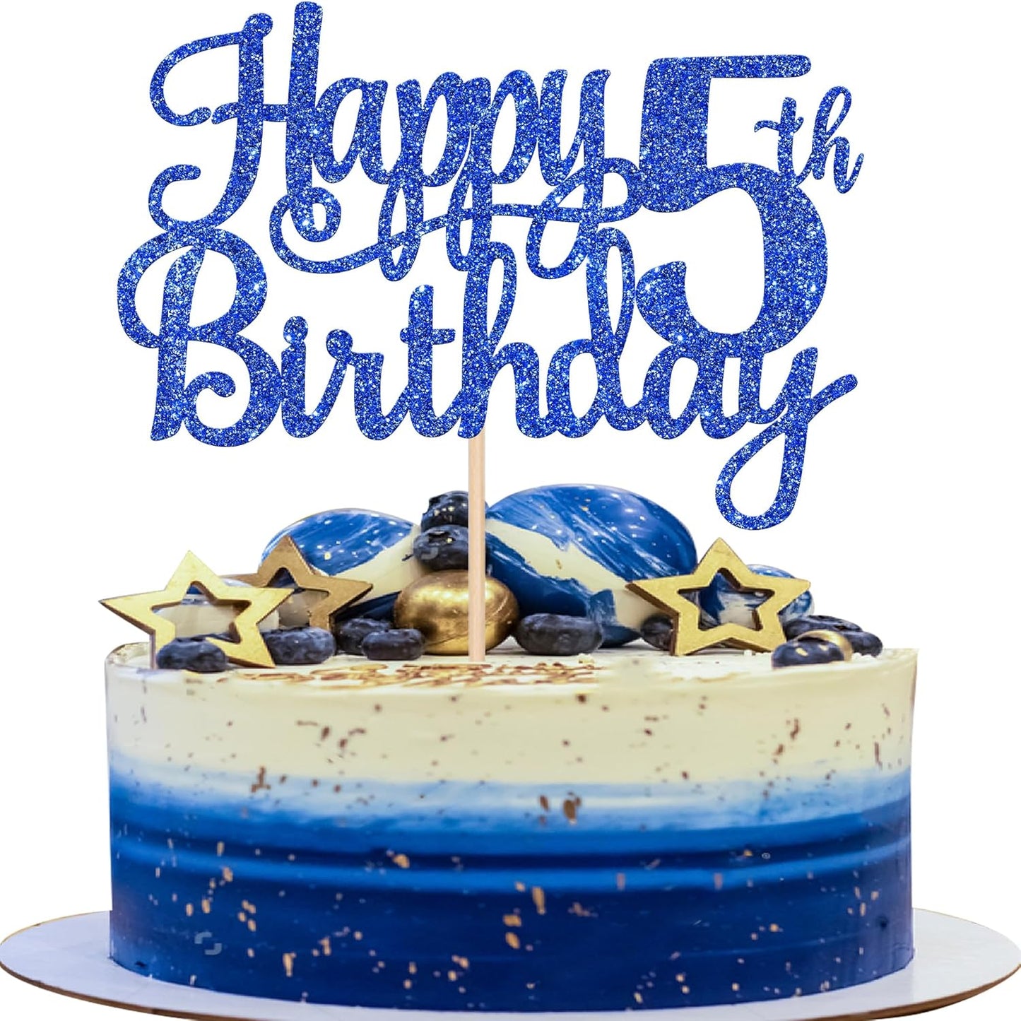 1 PCS Happy 5th Birthday Cake Topper Glitter Cheers to 5 Years Cake Pick Five Fabulous Cake Decoration for 5th Birthday Theme Party Decorations Supplies Blue