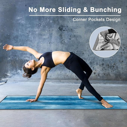 QiyI Yoga Mat Towel with Corner Pockets, Non Slip Sweat Absorbent Hot Yoga Towels, Soft Yoga Blankets with Travel Bag, Skidless Mat Cover for Workout, Gym, Fitness - 70"x26", Blue Tie Dye